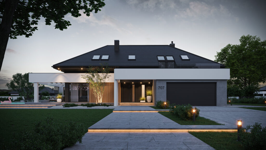 Połączenie-płyt-betonowych-drewna-i-tynków-z-białym-belkowanie-wokół-domu-modern-house-new-house-707