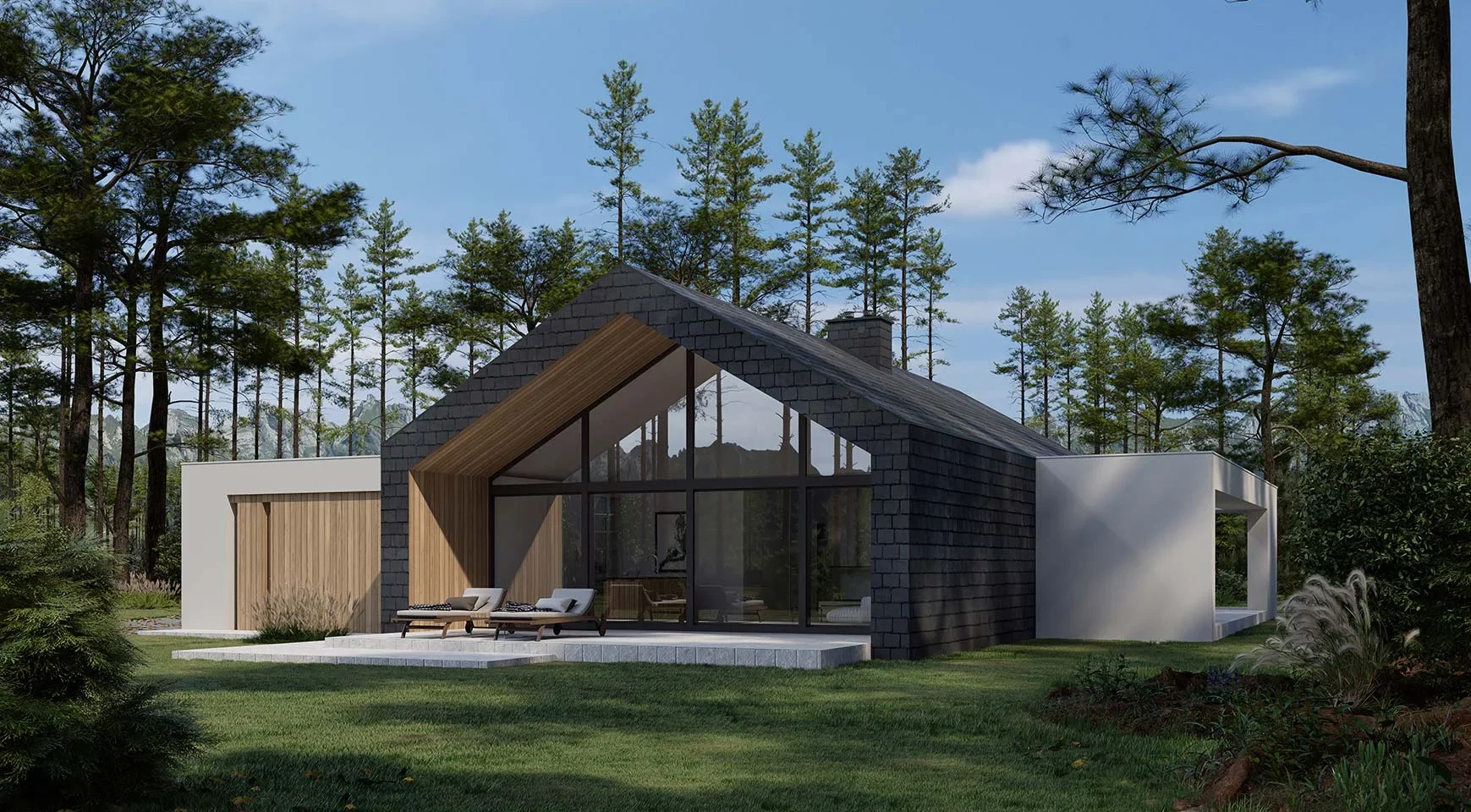 Projekt parterowego domu z wysokim sufitem nad otwartą strefą dzienną i garażem dwustanowiskowym Modern House NewHouse 716