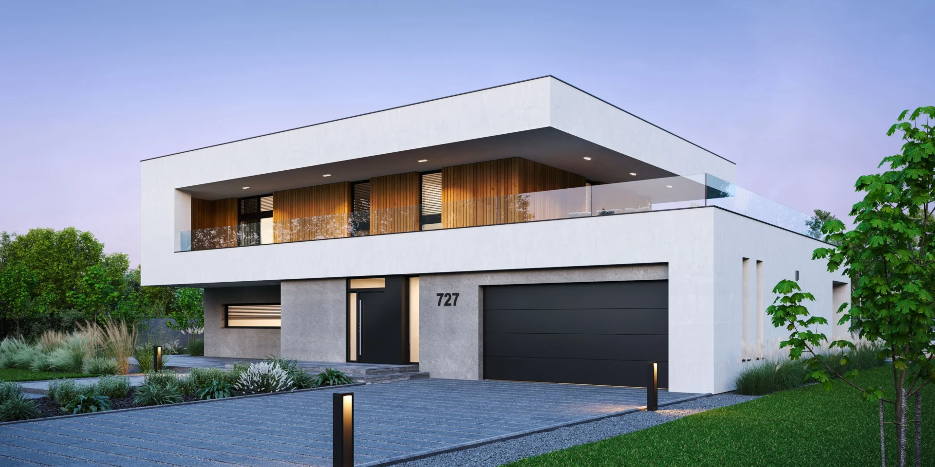 Gotowy projekt domu piętrowego z płaskim dachem, 4 sypialnie, gabinet, duży garaż Modern House NewHouse 727