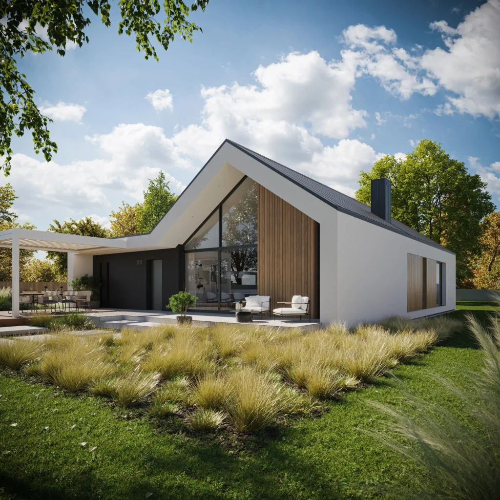 Projekty domów parterowych do 150 m² - 10 propozycji MODERN HOUSE 12 Nowoczesny projekt domu z dachem dwuspadowym i garażem na 1 auto Modern House New House 719