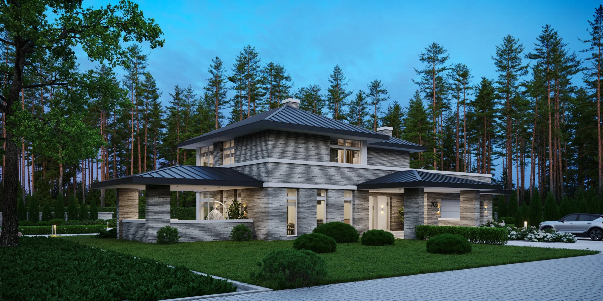 Projekt piętrowej rezydencji z wielospadowymi dachami NewHouse 705 Modern House