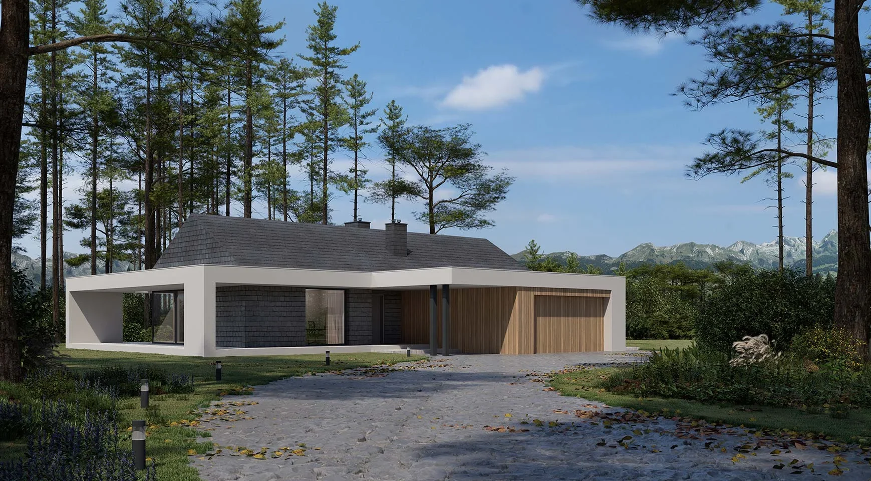 Projekt domu parterowego z dachem dwuspadowym i garażem na dwa auta Modern House NewHouse 716