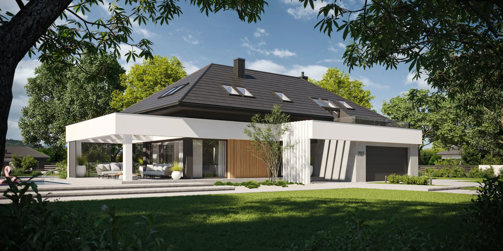 Nowoczesny projekt willi o powierzchni 220 m2 z garażem dwustanowiskowym Modern House NewHouse 707