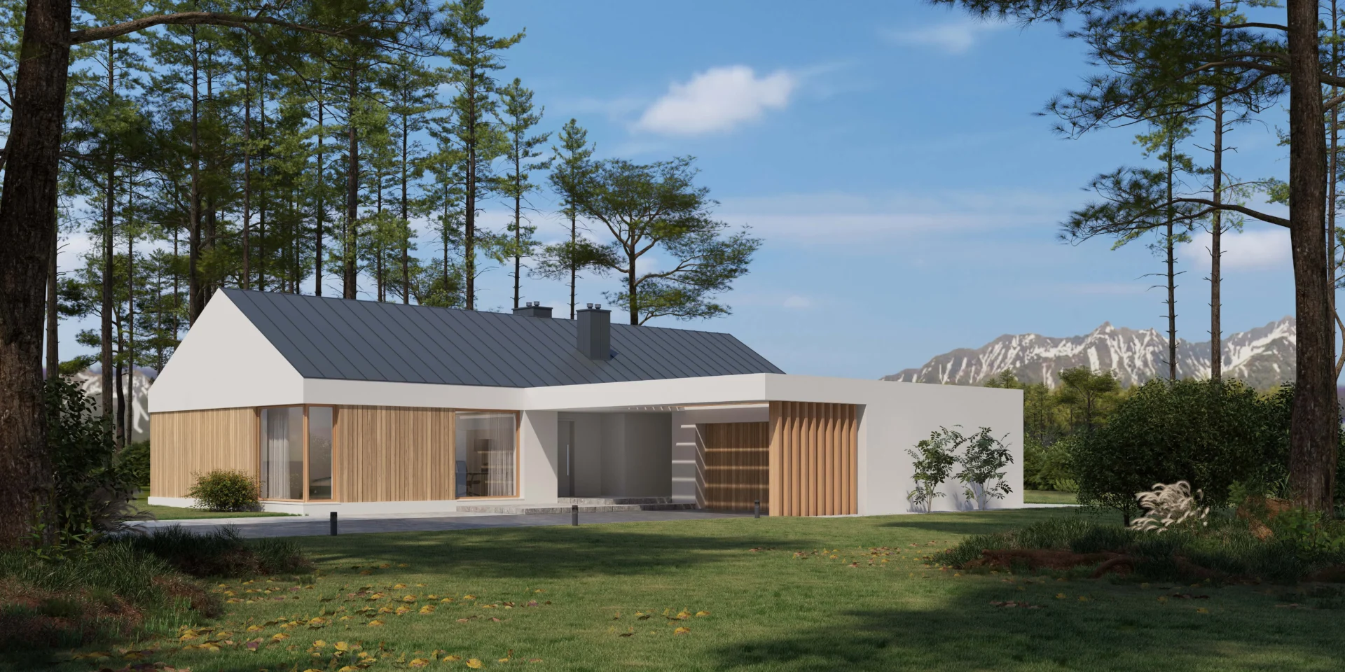 Gotowy projekt domu parterowego z garażem i wysokim sufitem w salonie Modern House NewHouse 714 G2