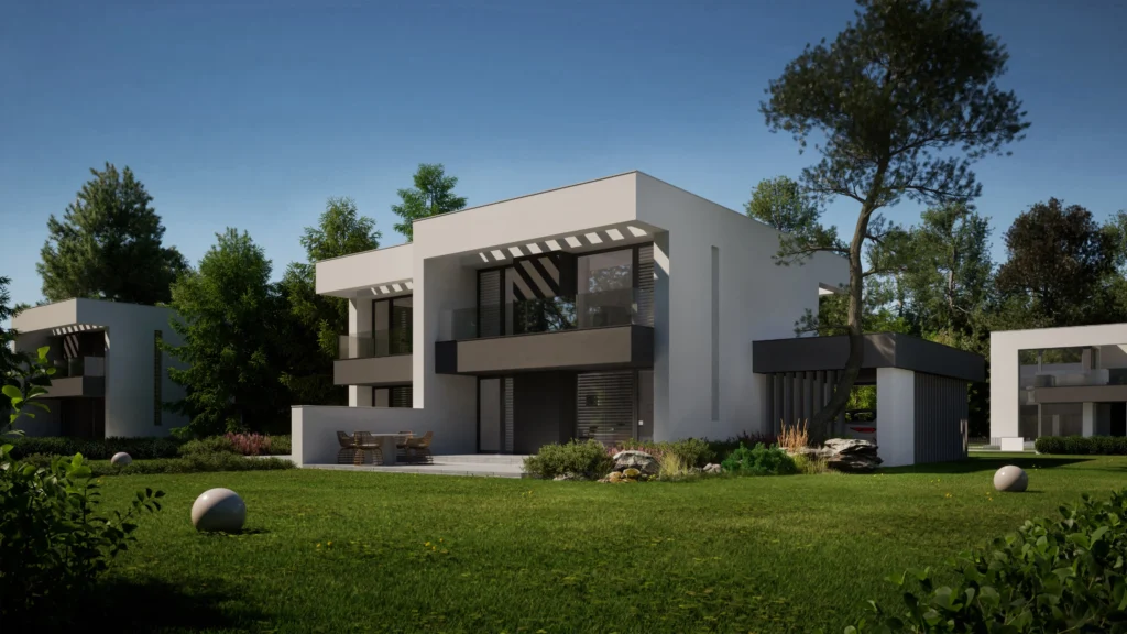 Czy warto budować dom z płaskim dachem w Polsce? 3 Projekt domu z płaskim dachem i wiatą na auto Modern House New House 744 B w1