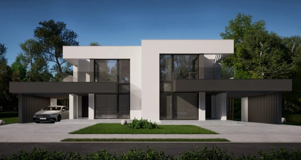 Front budynku w zabudowie bliźniaczej, dom z płaskim dachem i wiatą na auto Układ pomieszczeń na parterze projekt domu NewHouse 744 B w1