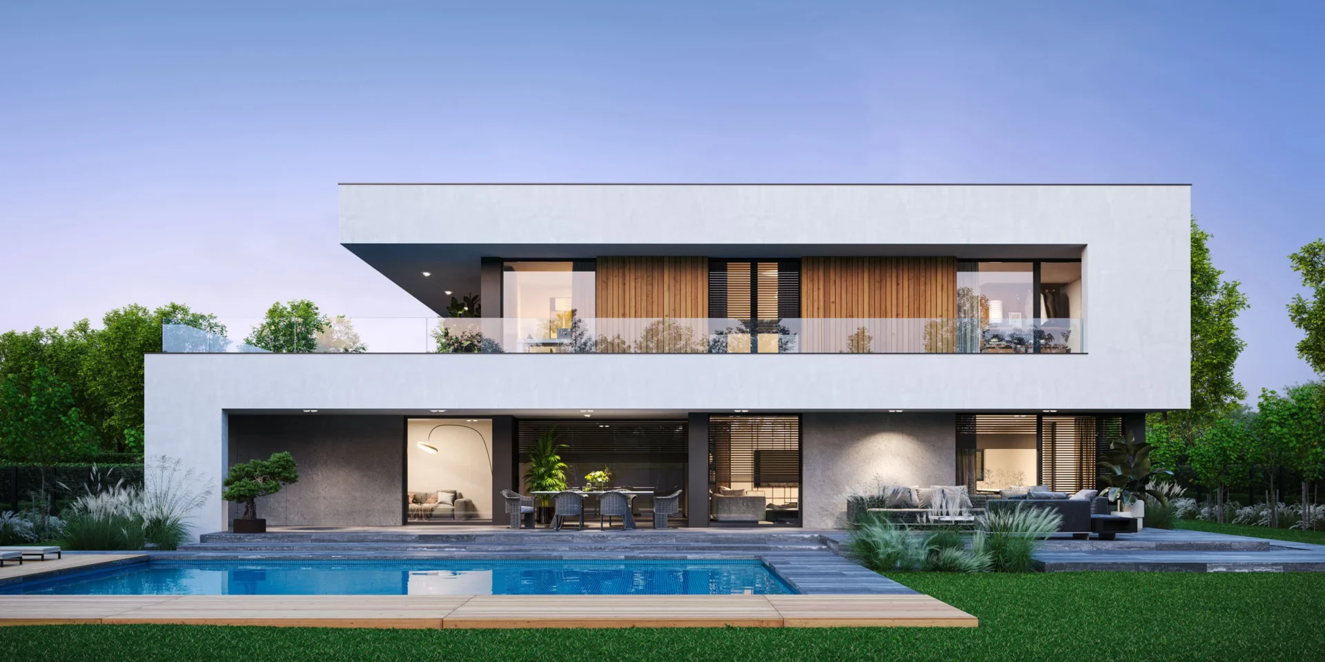 Gotowy projekt domu z płaskim dachem i białą belką w kształcie litery S Modern House New House 727