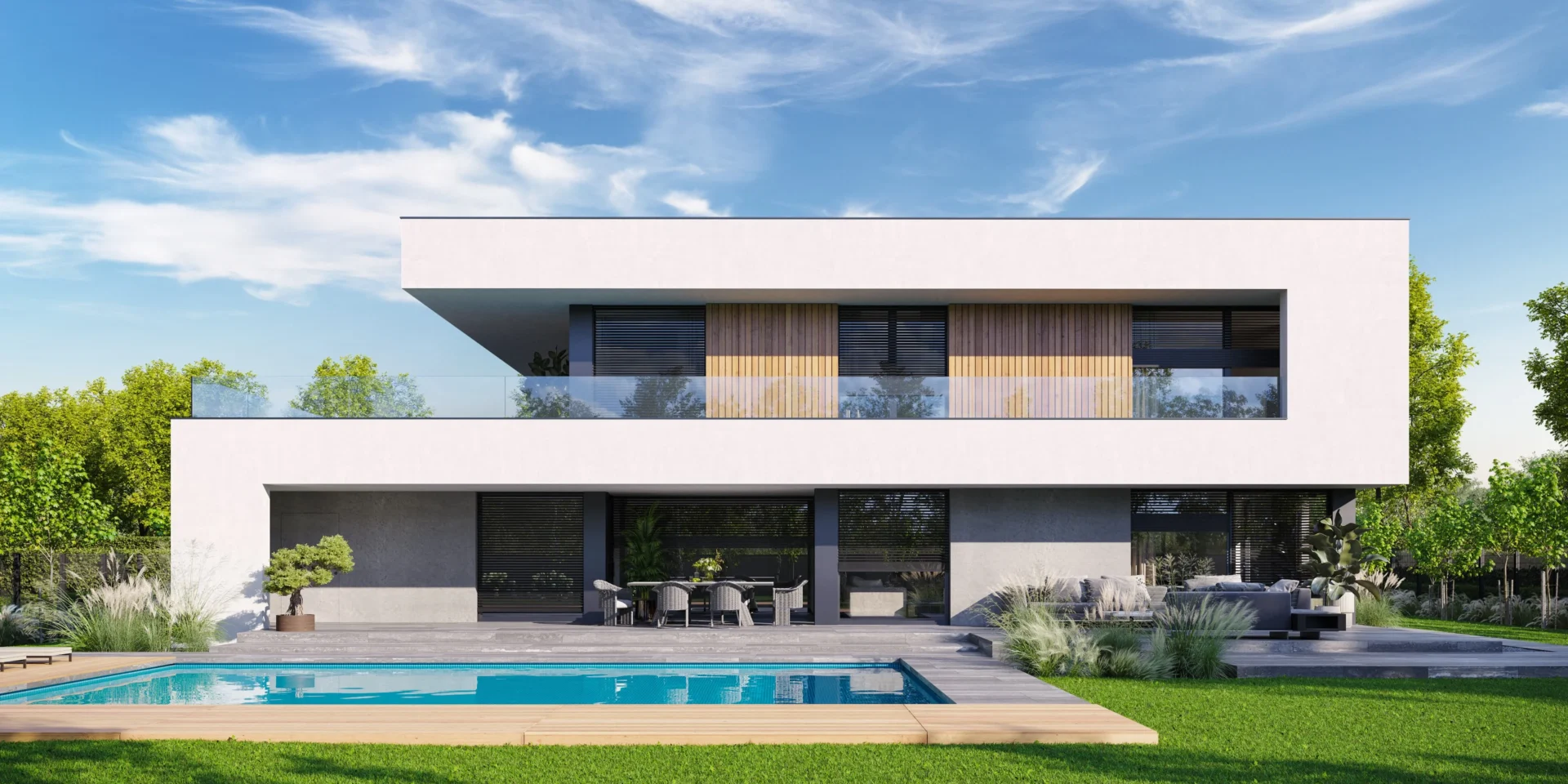 Modern House New House 727 piętrowa willa z płaskim dachem i dużymi przeszkleniami