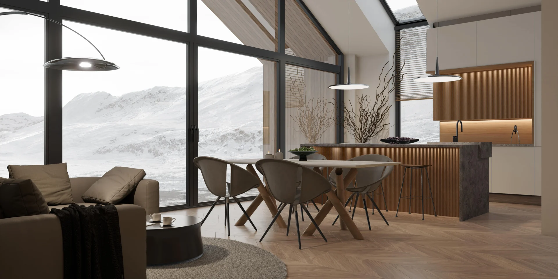 Salon z wysokim sufitem i przeszkloną ścianą elewacyjną Modern House NewHouse 714