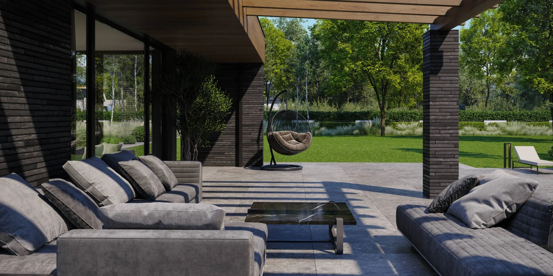 Taras wypoczynkowy przy nowoczesnym projekcie domu ulokowany pod drewniana pergolą Projekt domu z poddaszem NewHouse 728