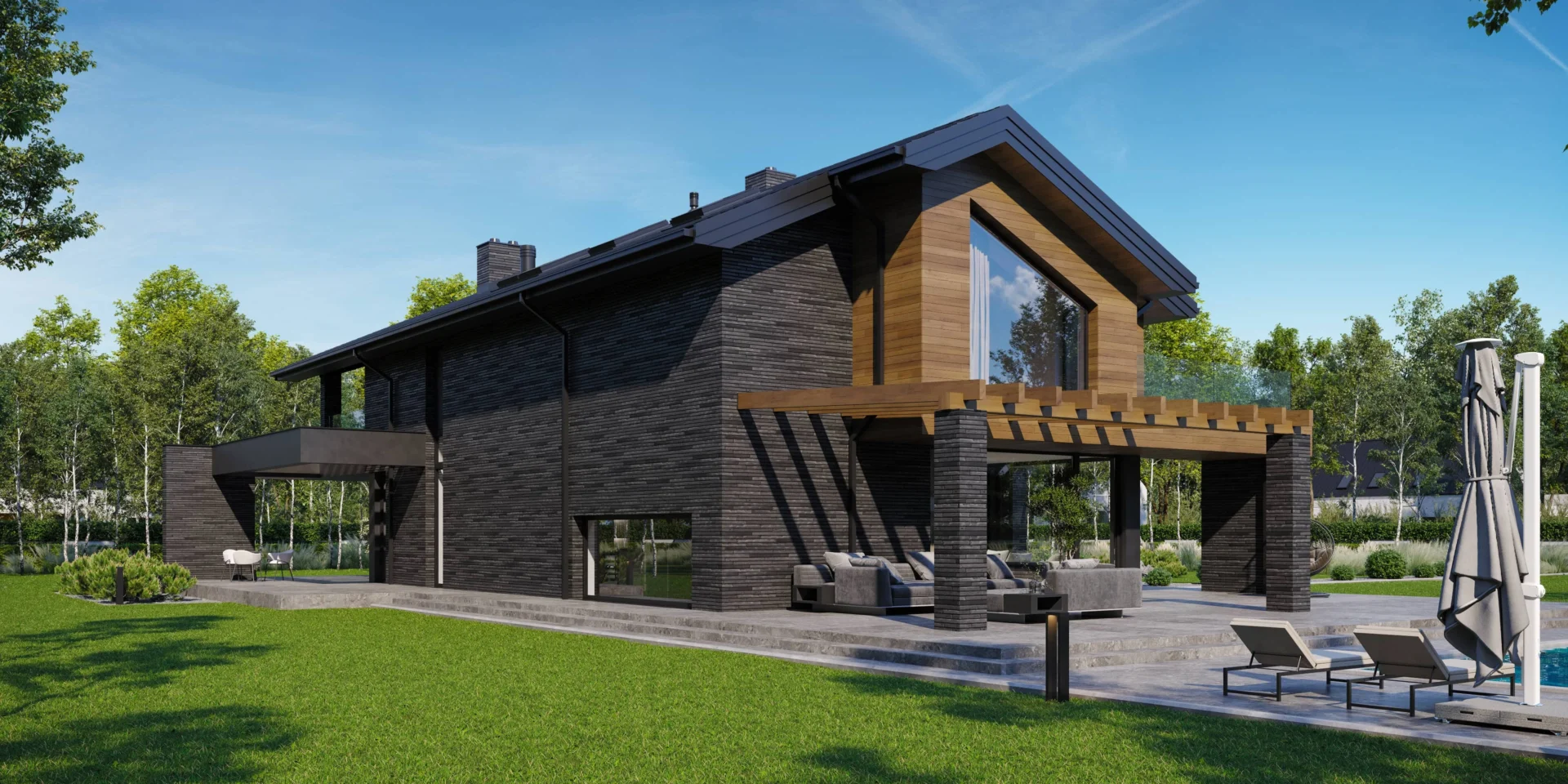 Projekt domu z grafitową elewacją z płytki klinkierowej NewHouse 728 Modern House