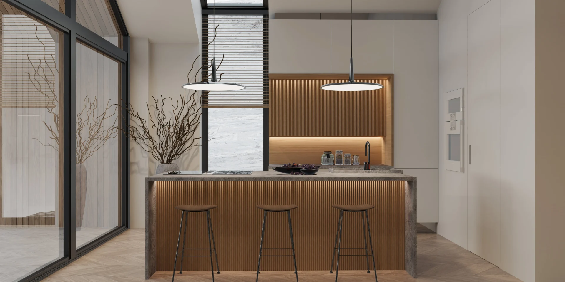 Nowoczesna kuchnia z oknem kolankowym i wyspą projekt parterowego domu Modern House NewHouse 714