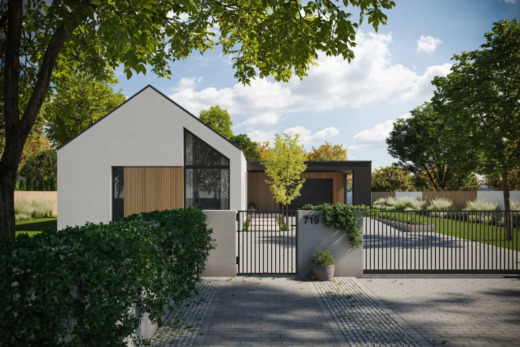 Projekt domu z trapezowym oknem w sypialni i wysokim sufitem Modern House NewHouse 719 arch. Jacek Niebieszczański