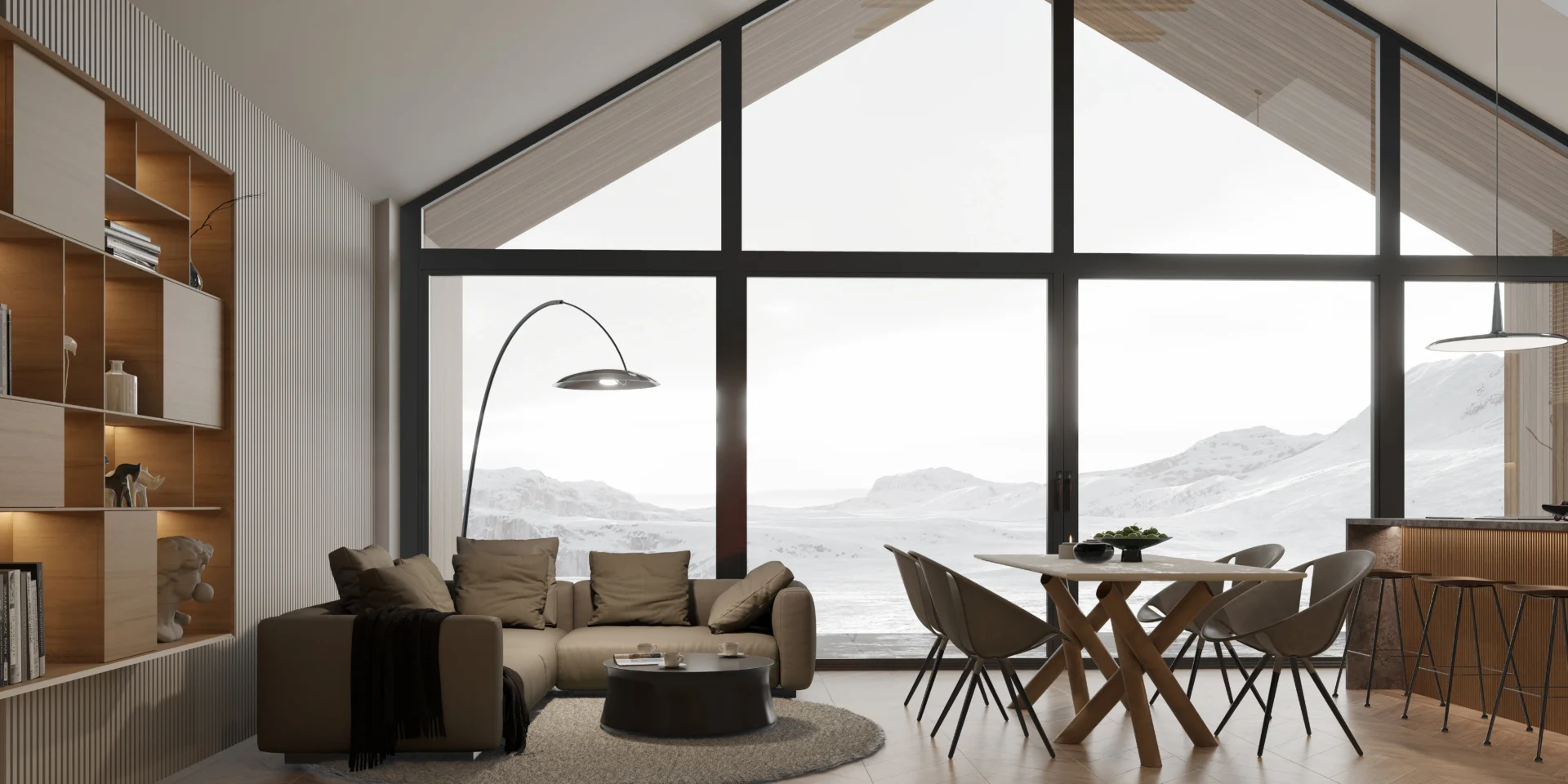 Przeszklona fasada w salonie parterowego domu z katedralnym sufitem w salonie projekt domu Modern House NewHouse 714 arch. Jacek Niebieszczański