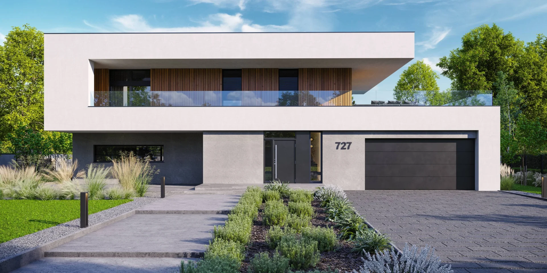 Projekt domu piętrowego z płaskim dachem i dużym tarasem nad garażem Modern House New House 727