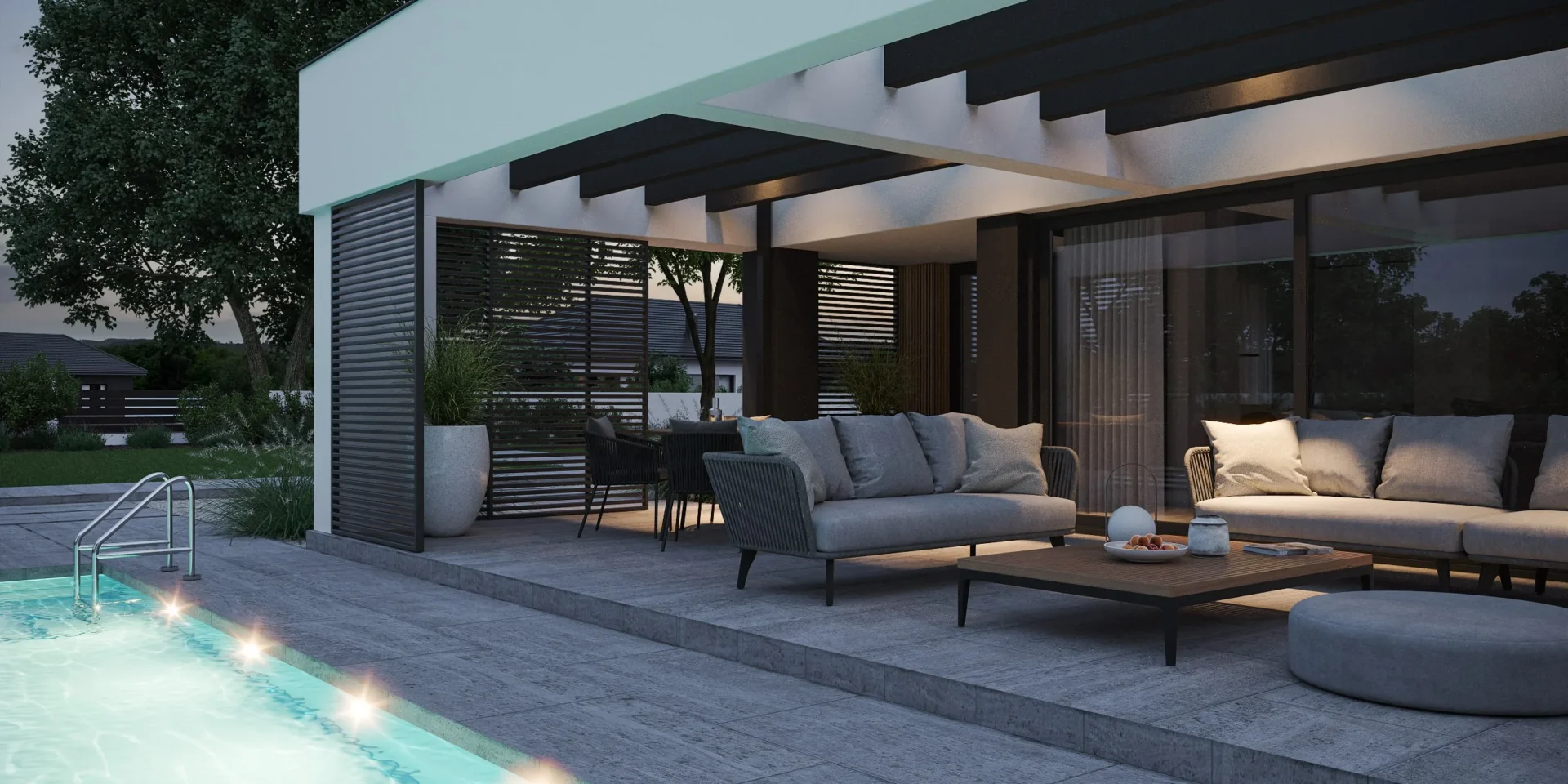 Basen przy tarasie nowoczesnego domu z poddaszem użytkowym Modern House NewHouse 707