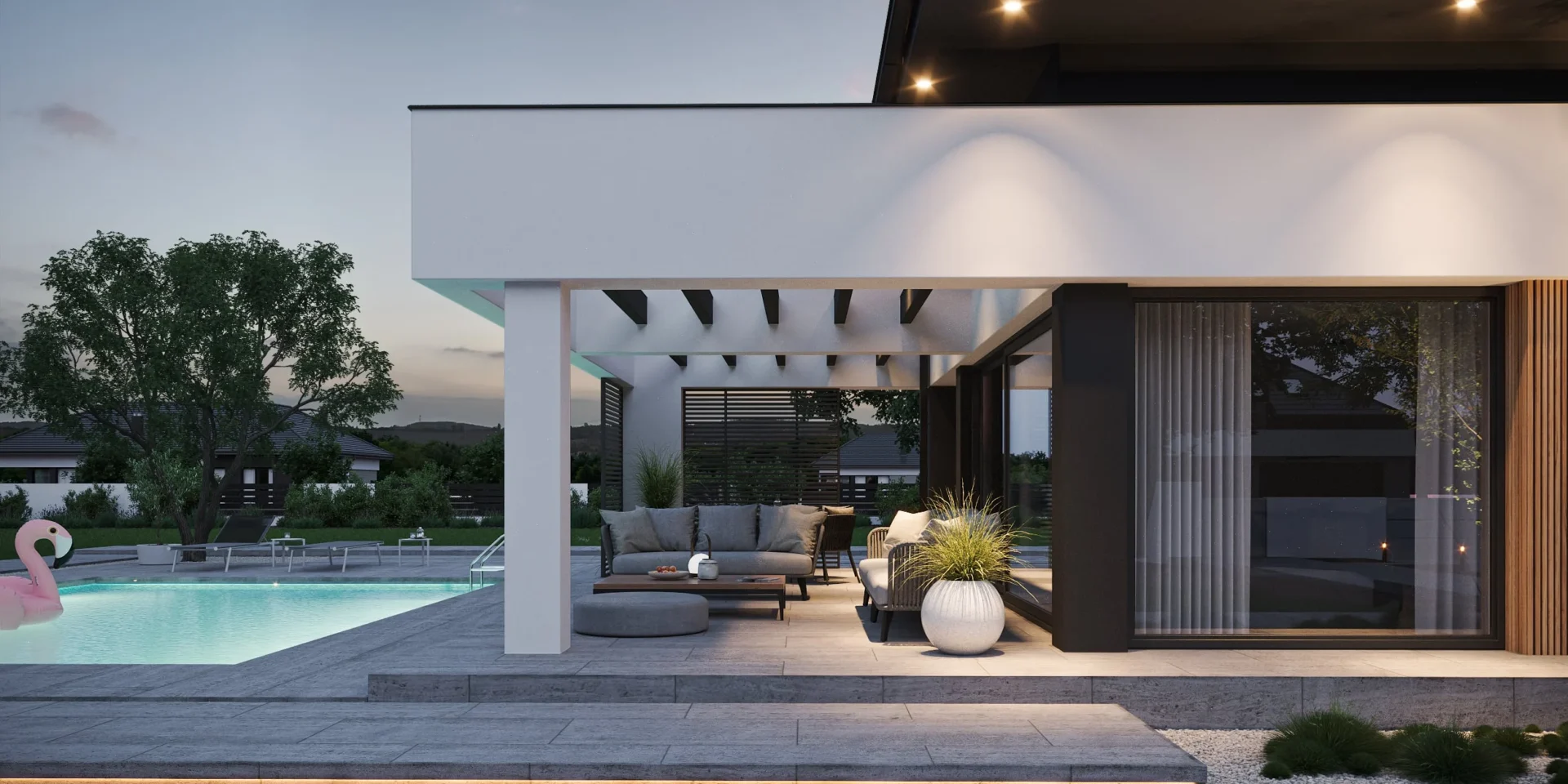 Projekt domu z poddaszem użytkowym i dachem wielospadowym na działki z wjazdem od południa Modern House NewHouse 707