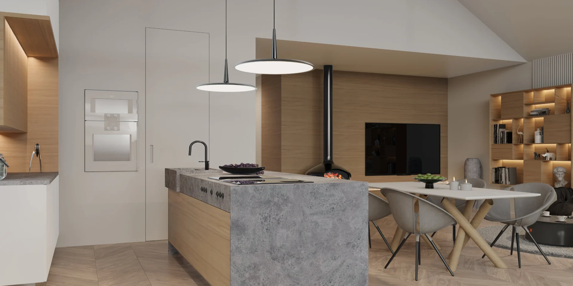 Salon z jadalnią i kuchnią z wysokim sufitem projekt domu parterowego Modern House NewHouse 714