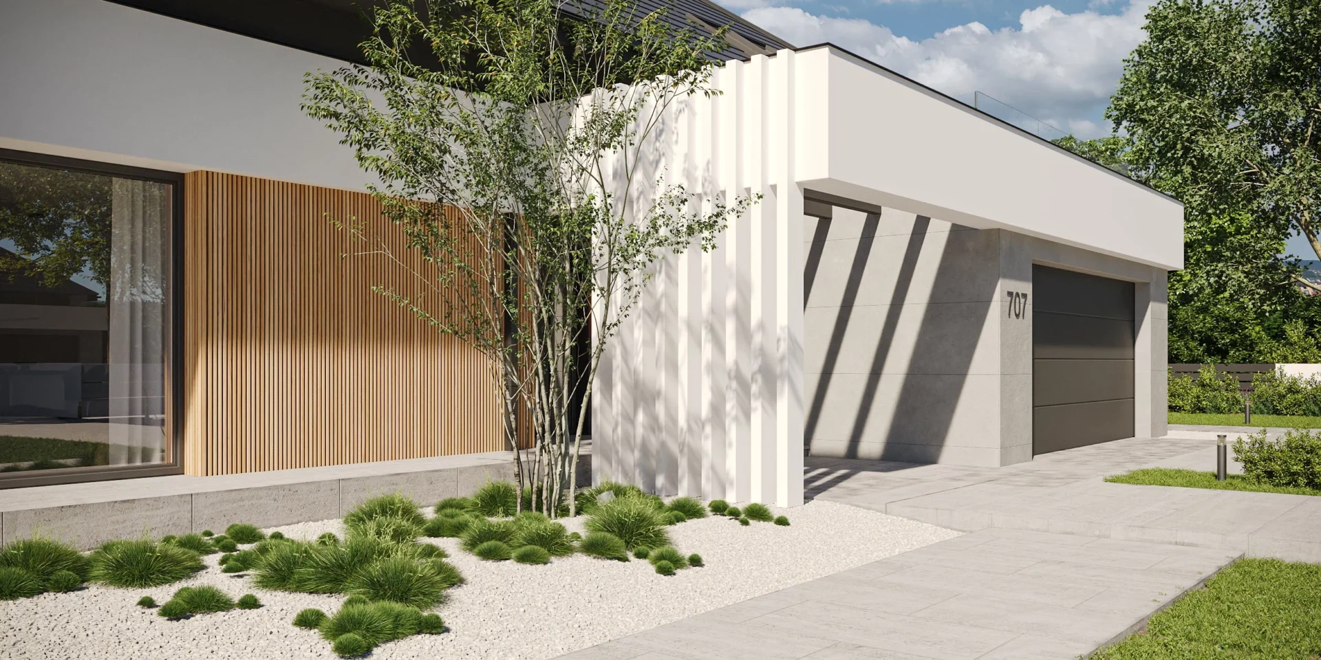 Strefa wejściowa do projektu domu jednorodzinnego z wjazdem od południa Modern House NewHouse 707