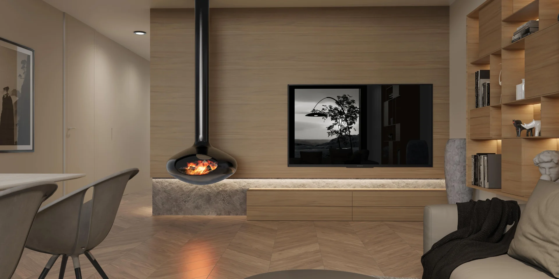 Wiszący kominek w salonie domu NewHouse 714 Modern House