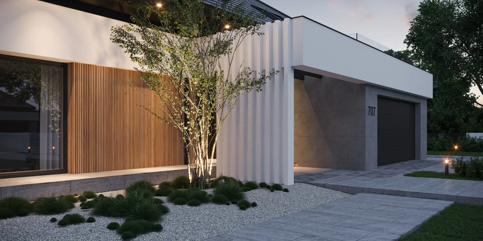 Oświetlenie elewacji frontowej w gotowym projekcie domu z poddaszem użytkowym Modern House NewHouse 707