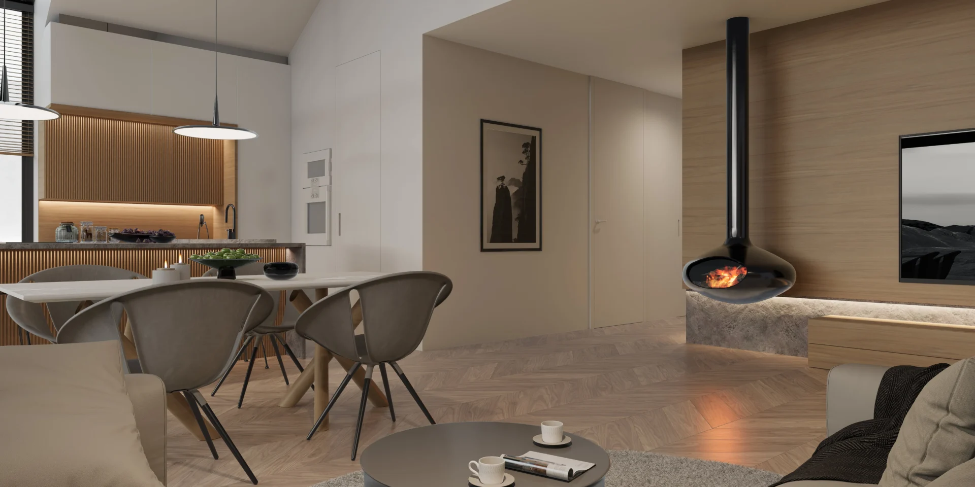 Nowoczesny salon z wysokim sufitem Modern House NewHouse projekt domu parterowego