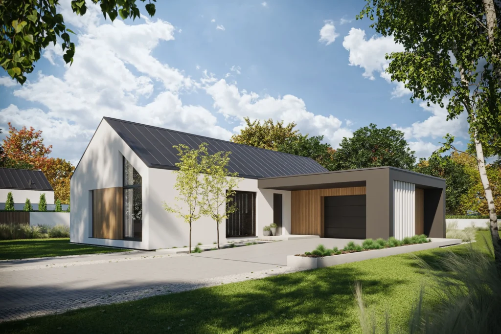 Projekt domu w stylu stodoła z garażem na 1 auto, 3 sypialnie, wysoki sufit w sypialni i salonie Modern House NewHouse 719 arch. Jacek Niebieszczański