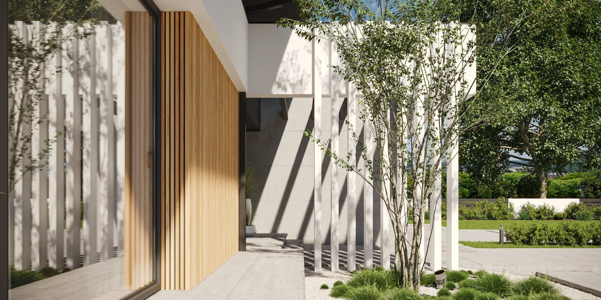 Pionowe belki przy wejściu do nowoczesnego projektu domu Modern House NewHouse 707