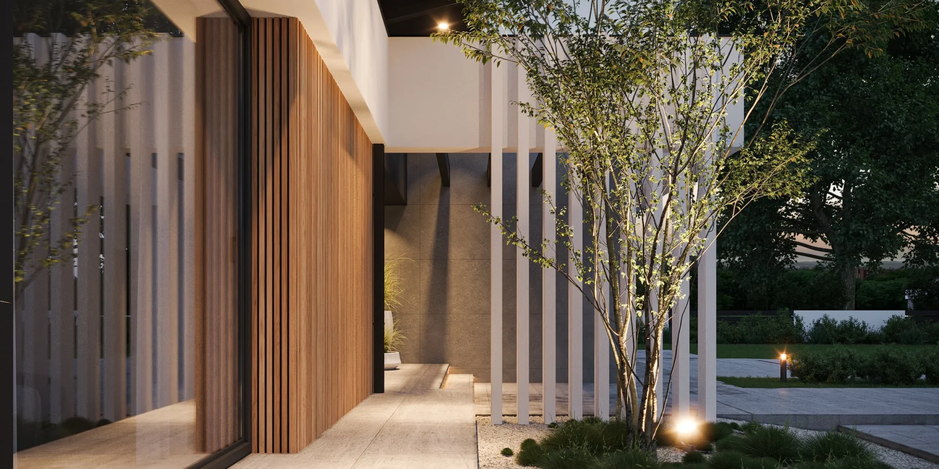 Strefa wejściowa z belkowaniem i pionowymi ażurami Modern House NewHouse 707