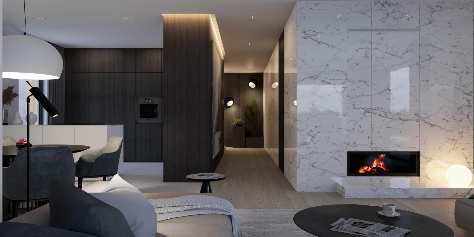 Strefa dzienna w gotowym projekcie domu z częściowo ukrytą kuchnią Modern House NewHouse 707