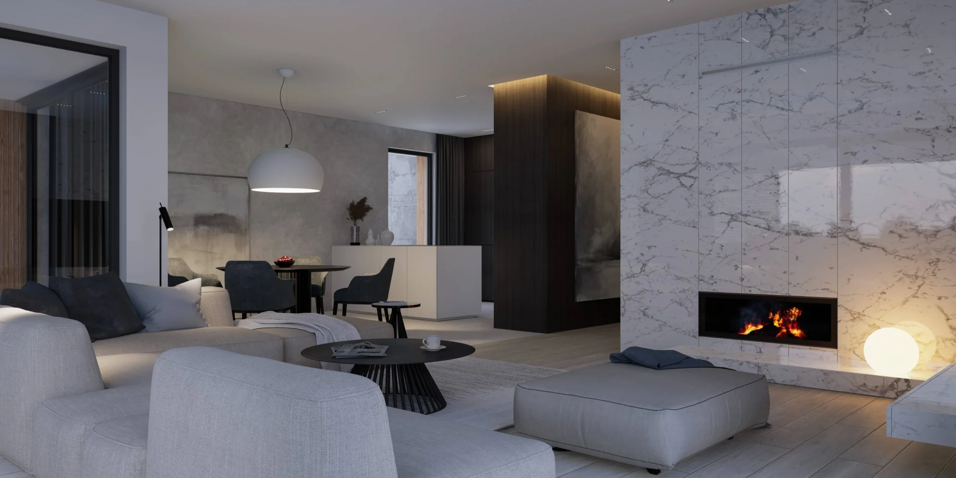 Aranżacja strefy dziennej w gotowym projekcie domu z wjazdem od południa Modern House NewHouse 707