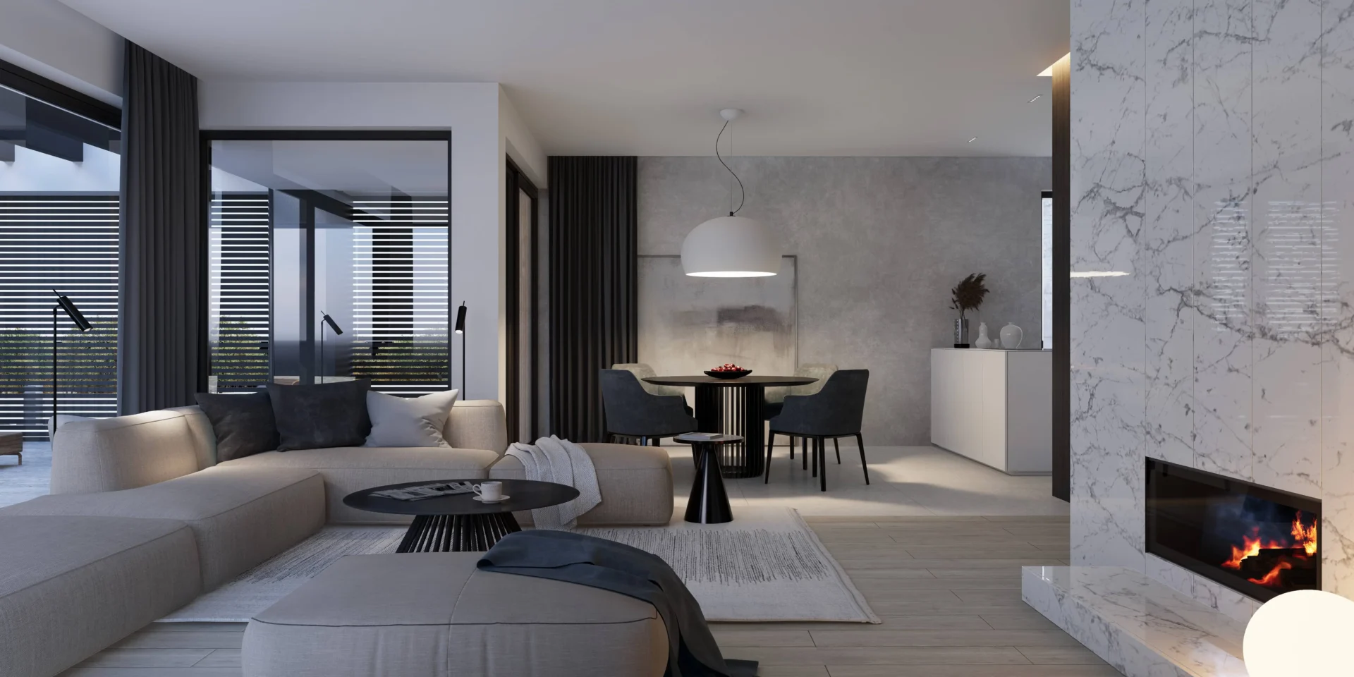 Aranżacja wnętrza strefy dziennej ze spiekiem kwarcowym i betonem na ścianach projekt domu Modern House NewHouse 707