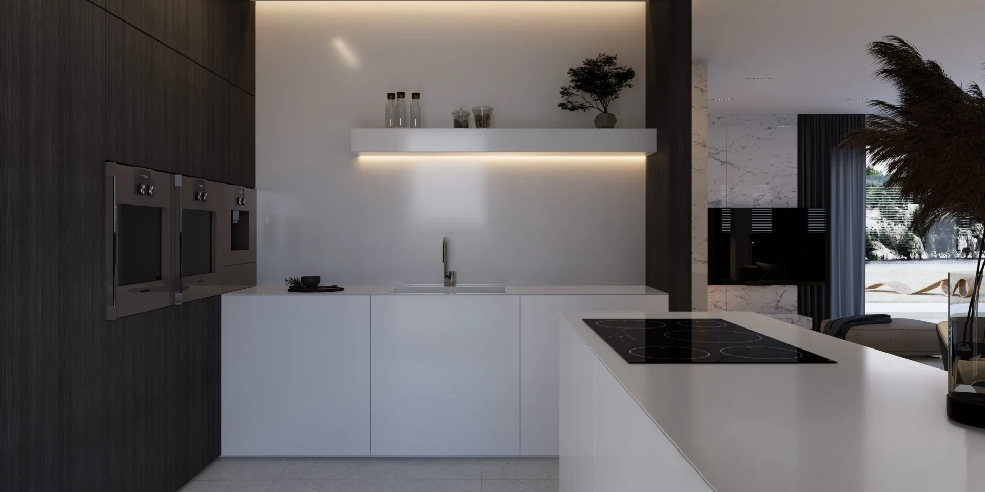 Aranżacja kuchni w kolorze białym z ciemnobrązowym fornirem Modern House NewHouse nowoczesny projekt domu