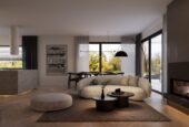 Katalogowy projekt domu parterowego Modern House New House 708 w1, aranżacja salonu z beżową kanapą
