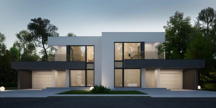 Projekt domu w zabudowie bliźniaczej z płaskim dachem i garażem Modern House NewHouse 744 B G1
