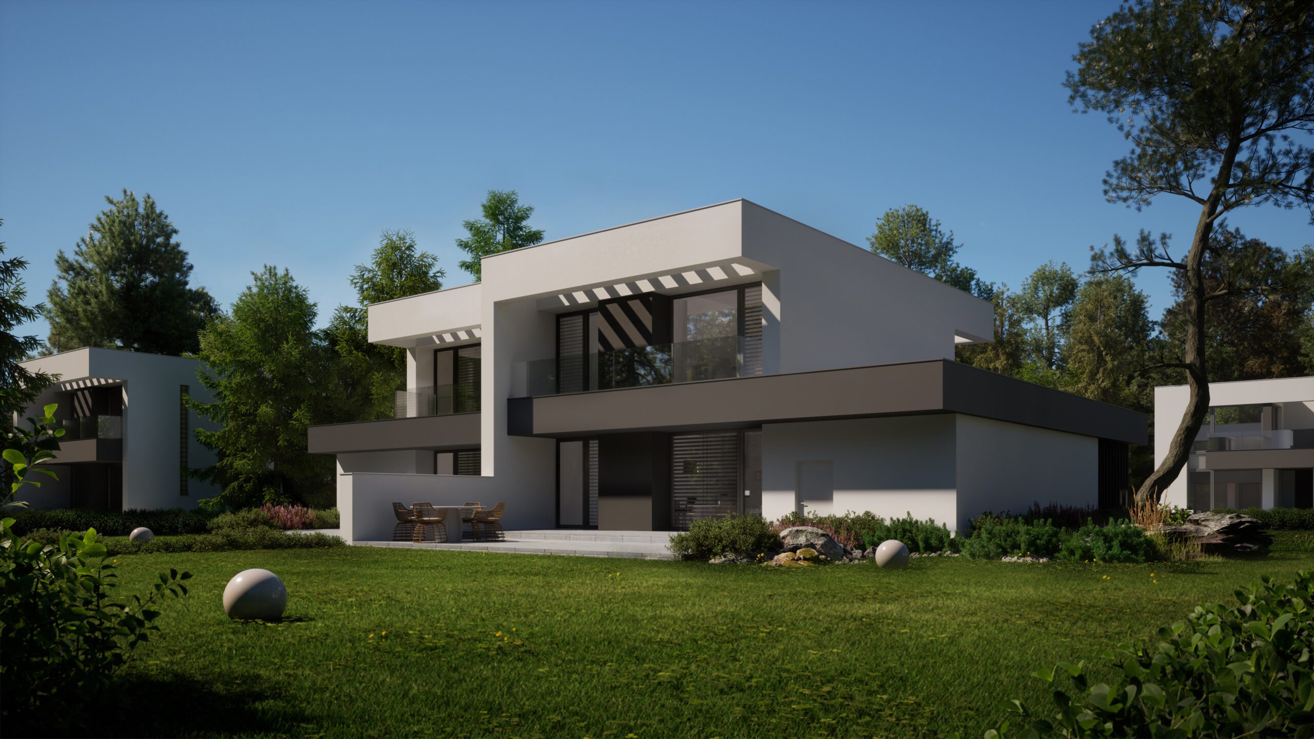 Projekt domu w zabudowie bliźniaczej z garażem i płaskim dachem Modern House New House 744 B G1