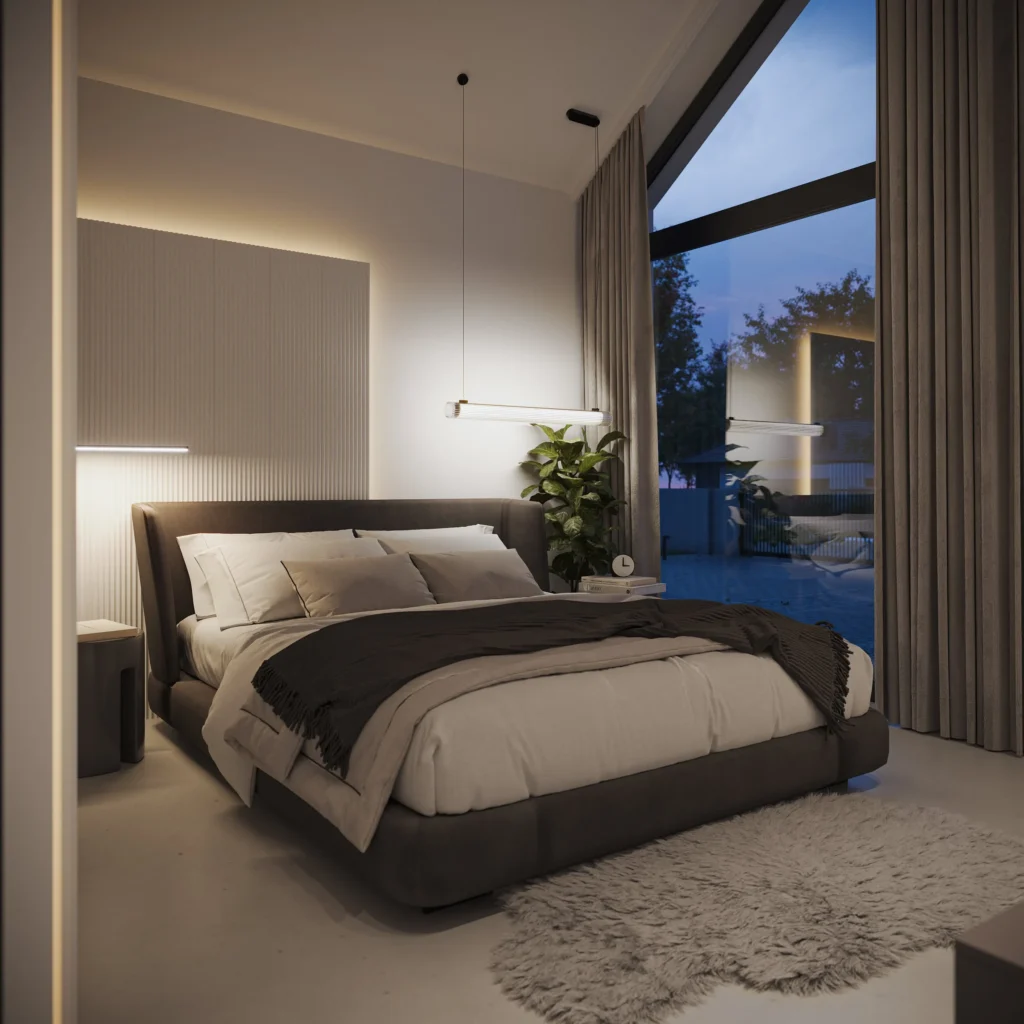 Nowoczesna stodoła jako współczesna definicja luksusu. Kiedy mniej znaczy radykalnie więcej? 3 Parterowy projekt domu z wysokim sufitem w sypialni Modern House NewHouse 719