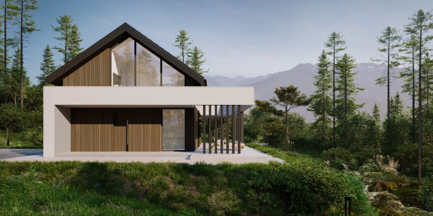 Projekt małego domu z dachem dwuspadowym i dużymi przeszkleniami, projekt NewHouse 752
