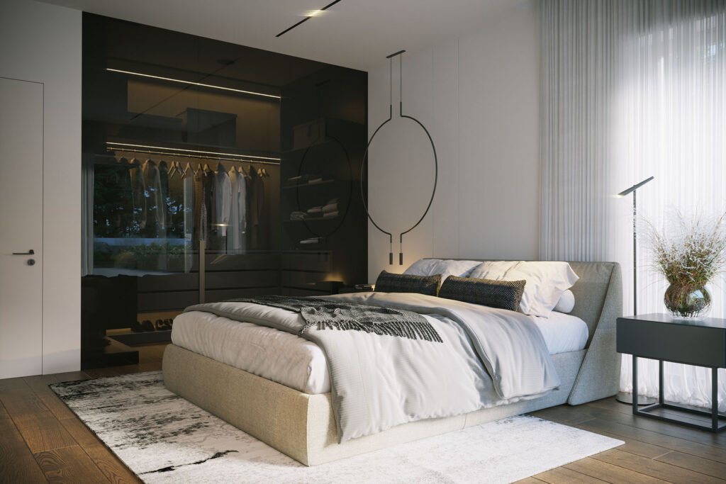 Sypialnia z przeszkloną ścianą do garderoby nowoczesny projekt domu New House 718