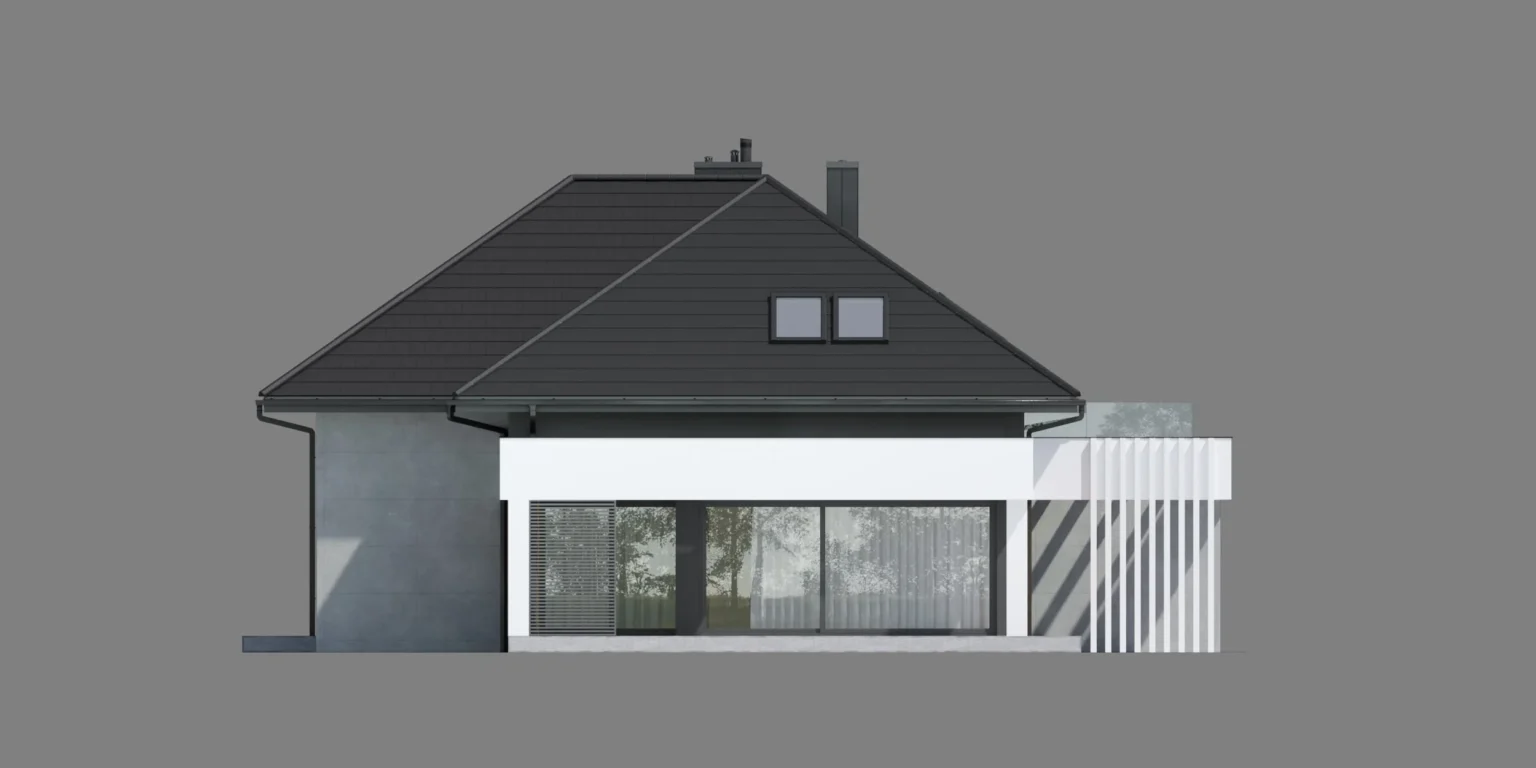 Projekt domu z poddaszem użytkowym i wjazdem na działkę od południa elewacja boczna Modern House NewHouse 707