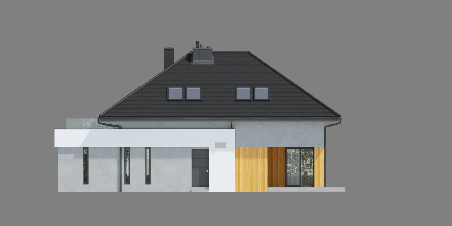 Projekt domu z poddaszem użytkowym i wjazdem na działkę od południa elewacja boczna Modern House NewHouse 707