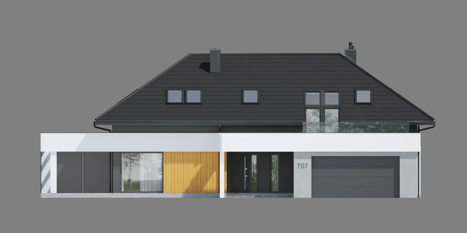 Projekt domu z poddaszem użytkowym i wjazdem na działkę od południa elewacja fronotwa Modern House NewHouse 707
