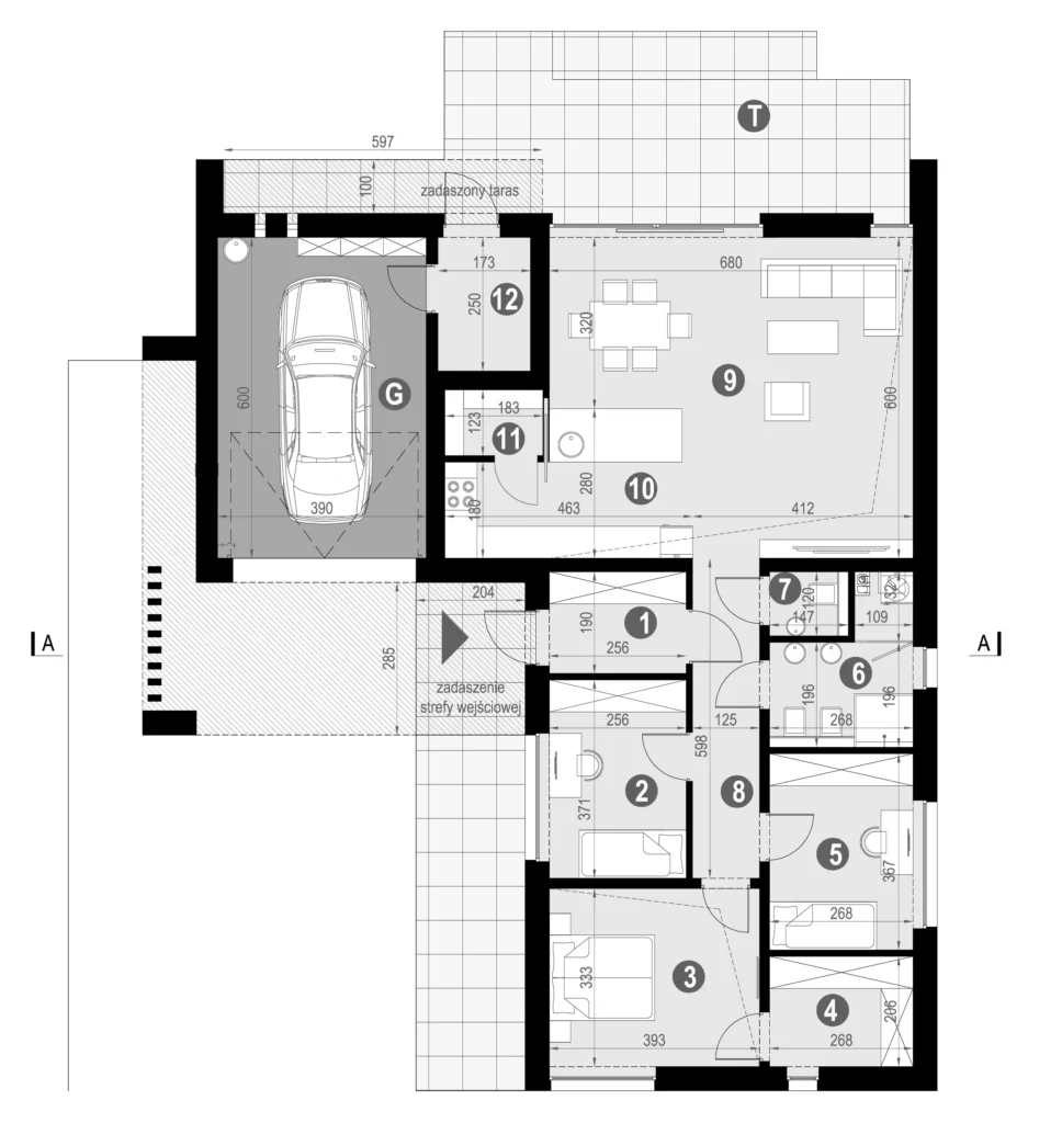 Układ pomieszczeń parterowego domu z 3 sypialniami NewHouse 719