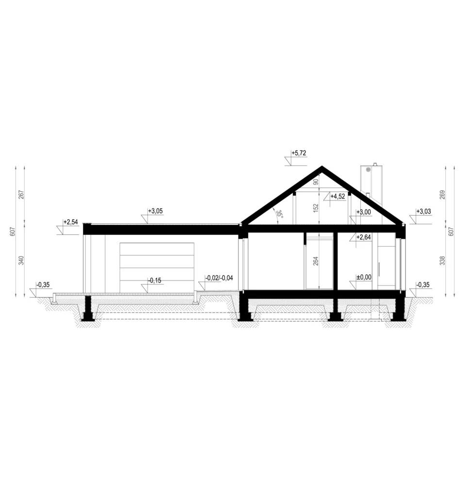 Przekrój przez parterowy projekt NewHouse 719 z garażem jednostanowiskowym