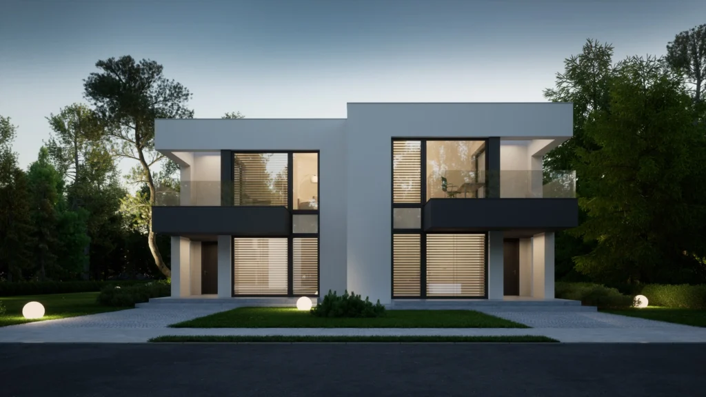 Projekt piętrowego domu dla dwóch rodzin z płaskim dachem i dużymi przeszkleniami NewHouse 744 D Modern House