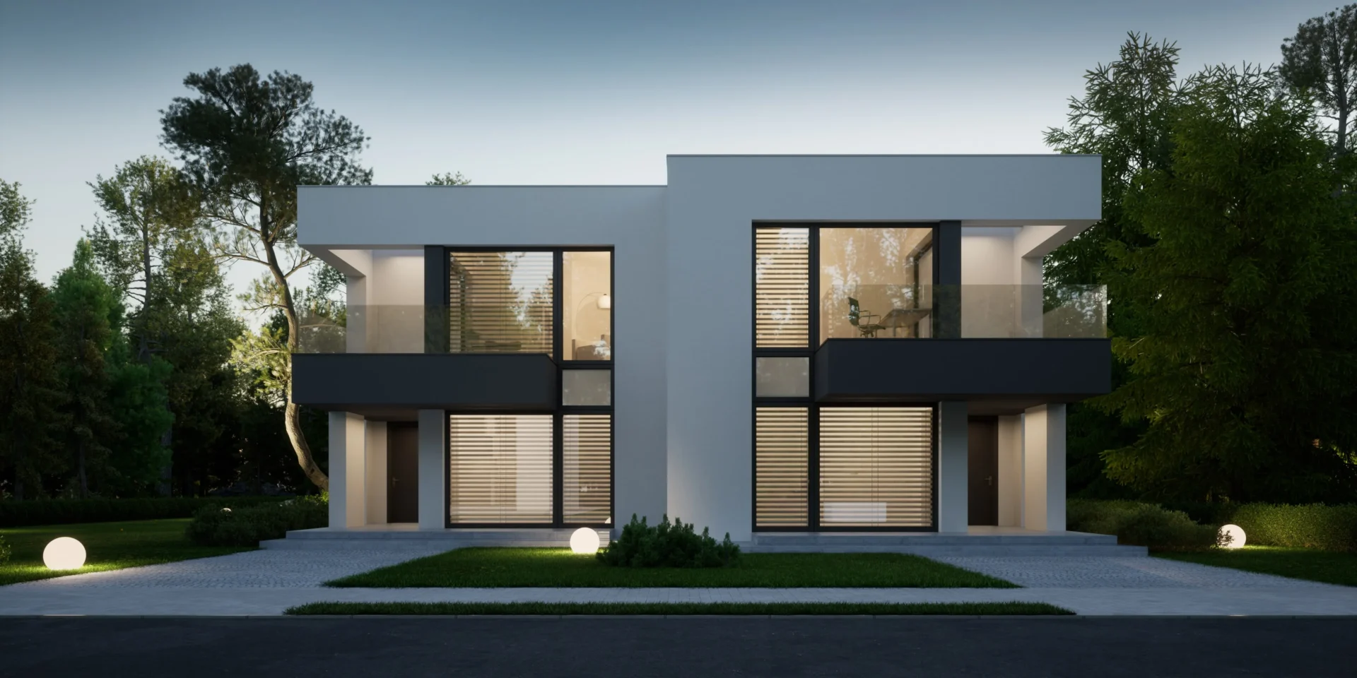 Projekt piętrowego domu dla dwóch rodzin z płaskim dachem i dużymi przeszkleniami NewHouse 744 D Modern House