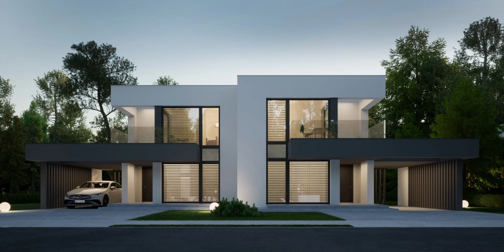Projekt nowoczesnego domu dla dwóch rodzin na osiedla deweloperskie Modern House NewHouse 744 D w1