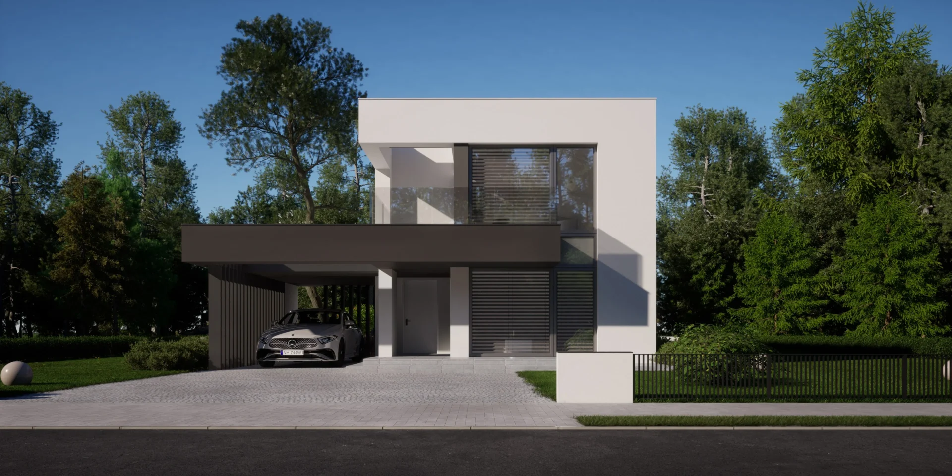 Gotowy projekt domu New House 744 w1 - piętrowy, z płaskim dachem, z wiatą na jedno auto