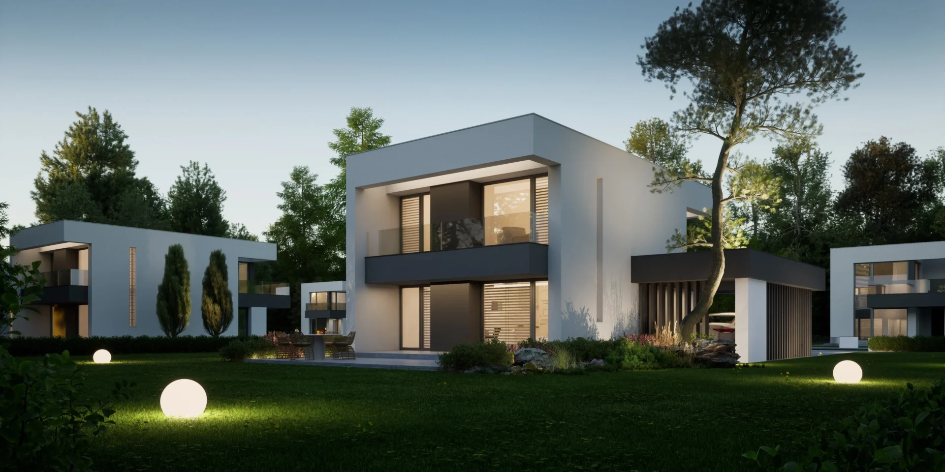 Projekt domu kostka z płaskim dachem, wiatą na auto Modern House NewHouse 744 w1