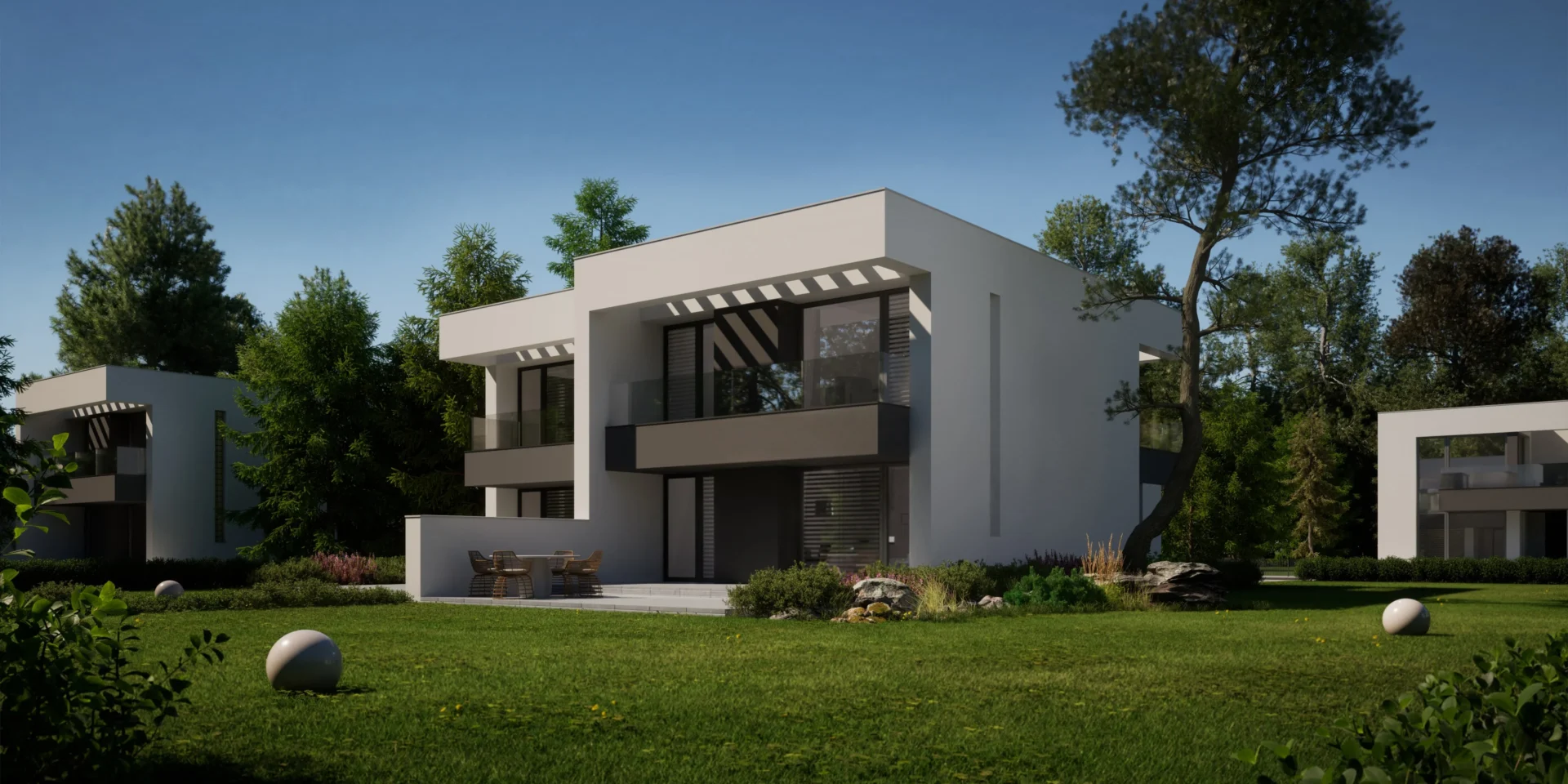 NewHouse 744 D Modern House projekt domu dwurodzinnego z płaskim dachem i pełnym piętrem, bez garażu